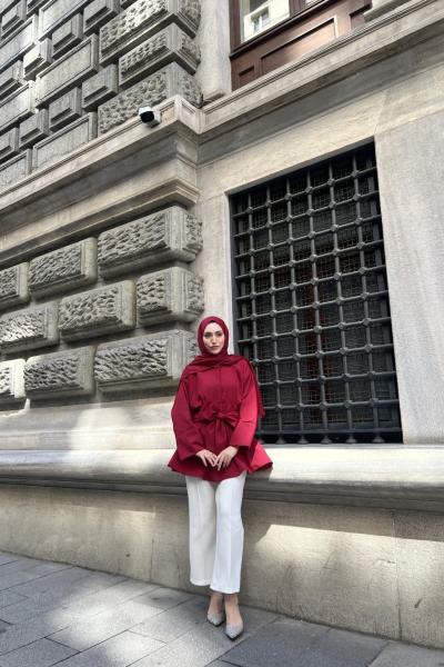 Belden Bağlamalı Tasarım Gömlek Bordo