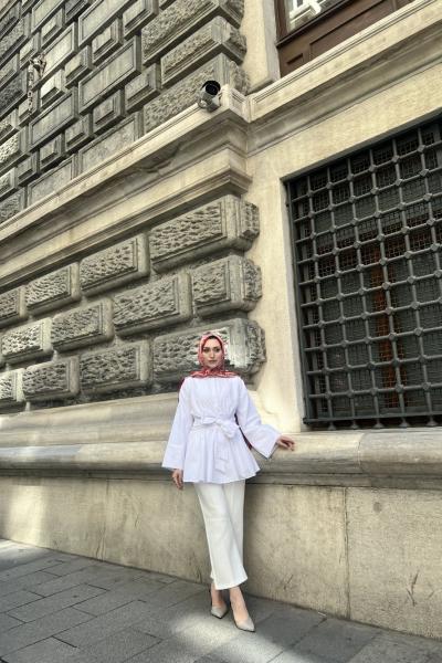 Belden Bağlamalı Tasarım Gömlek Beyaz