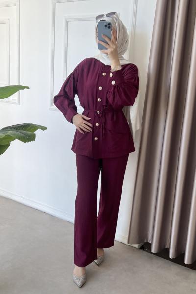 Çilek Kumaş İkili Pantolon Takım Mürdüm