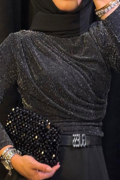 Drapeli Simli Body Siyah