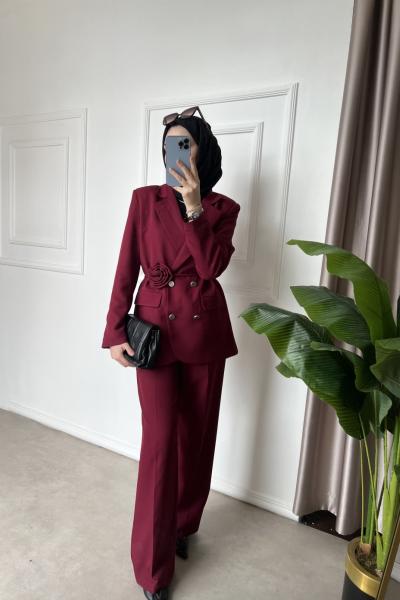 Gül Kemerli Blazer Ceket Takım Bordo