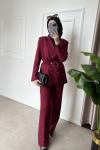 Gül Kemerli Blazer Ceket Takım Bordo