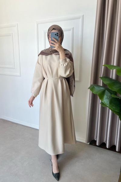 İp Kuşaklı Scuba Elbise Bej