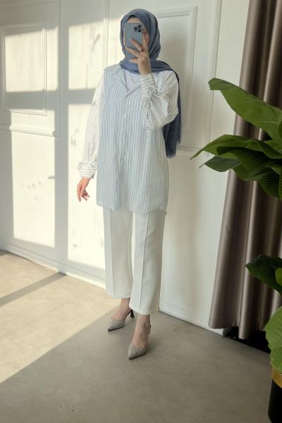 Kolları Bağlamalı Çizgili Gömlek Beyaz