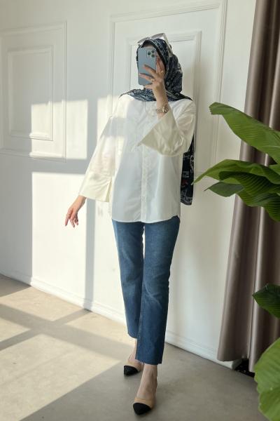 Manşetli Oversize Gömlek Beyaz