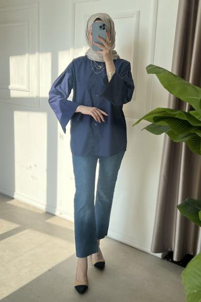 Manşetli Oversize Gömlek Lacivert