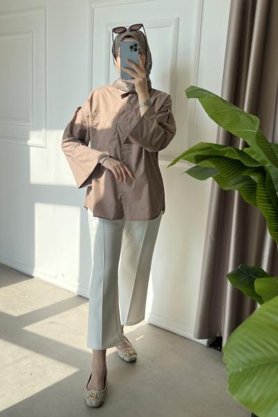 Manşetli Oversize Gömlek Kahverengi