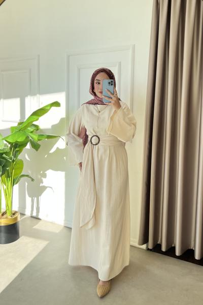 Suano Tokalı Keten Elbise Bej
