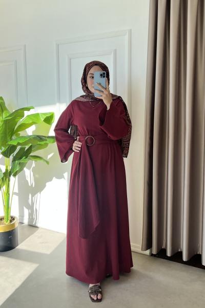 Suano Tokalı Keten Elbise Bordo