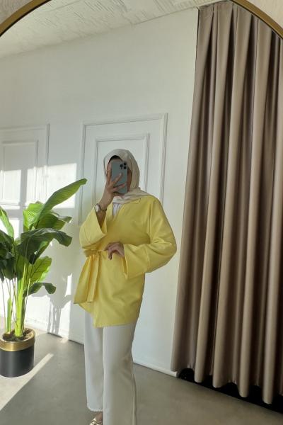 Yandan Bağlamalı Kimono Gömlek Sarı