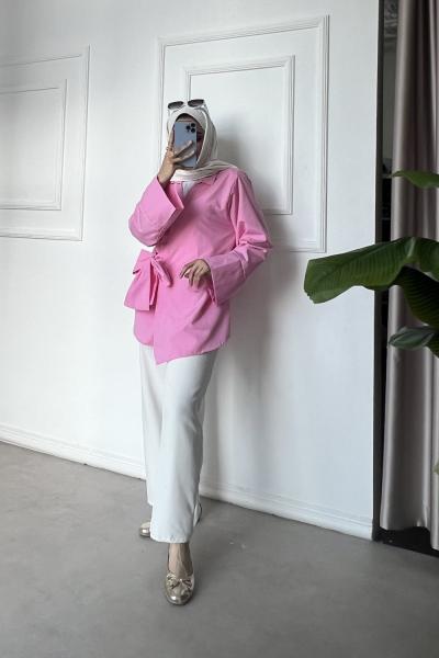 Yandan Bağlamalı Kimono Gömlek Pembe